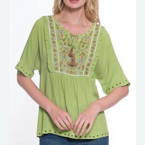 John Mark Green Embroidered Ruffle Eyelet Bohemian Floral Women's Top Blouse S
